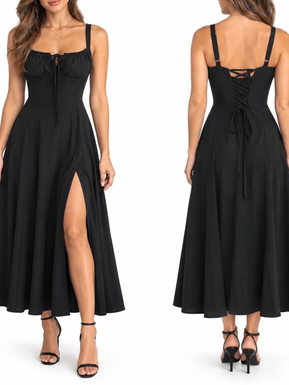Marthea  Black Corset Midi Dress Size S Lace Up Back A-Line NWOT